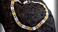 Stainless Steel 2-tone Greek Key Snail Link Chain Bracelet