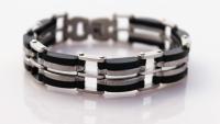 Mens Stainless Steel  & Black Geometric Link Bracelet