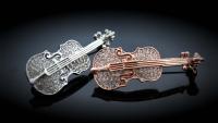 Violin Crystal Pin Brooch Silver and Gold