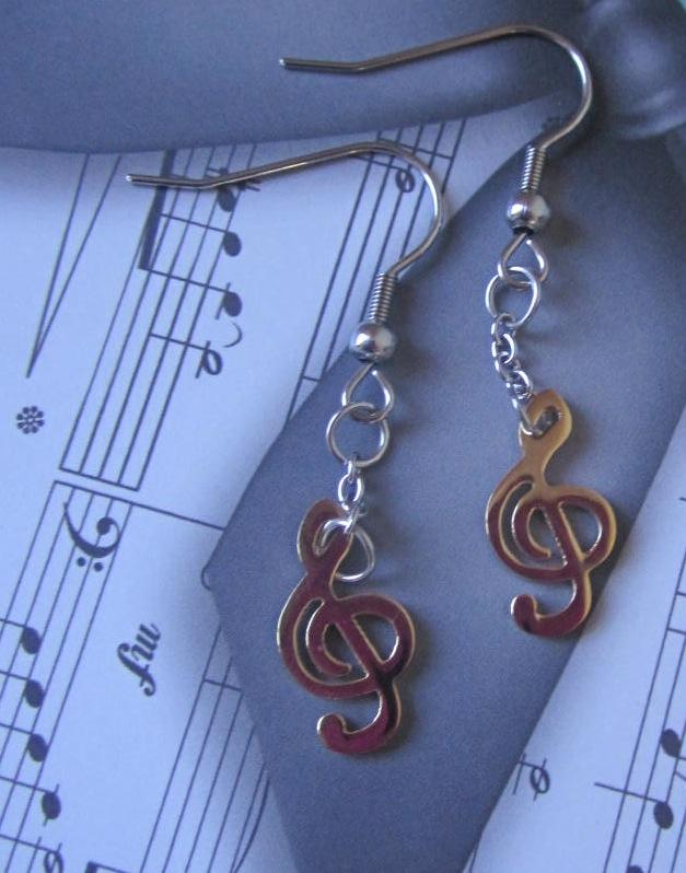 2-tone Musical Treble Clef Note Long Drop Hook Earrings