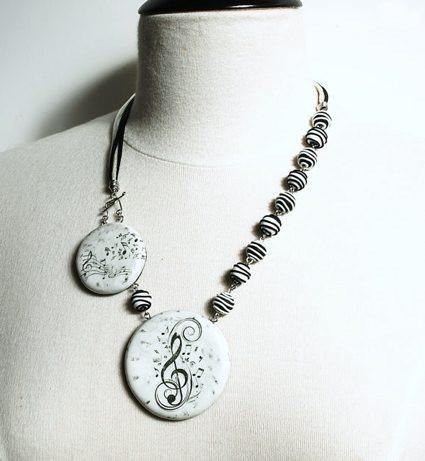 Music Necklace in Clay. Black and White