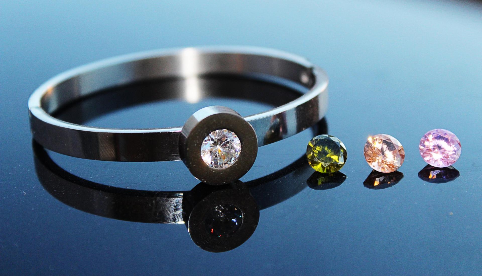 Unique Stainless Steel Stud Bangle With Interchangeable Gems