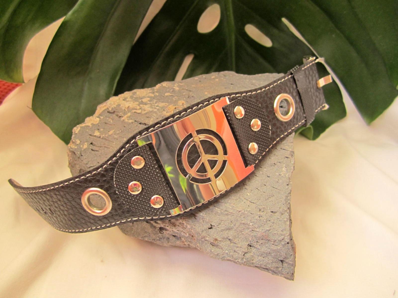 Belt Buckle Bracelet w/ Stainless Steel Cut-out Peace Sign Watch-Style