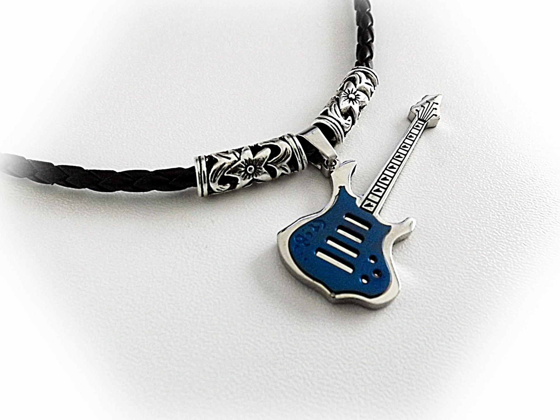 Blue Electric Guitar Pendant Stainless Steel