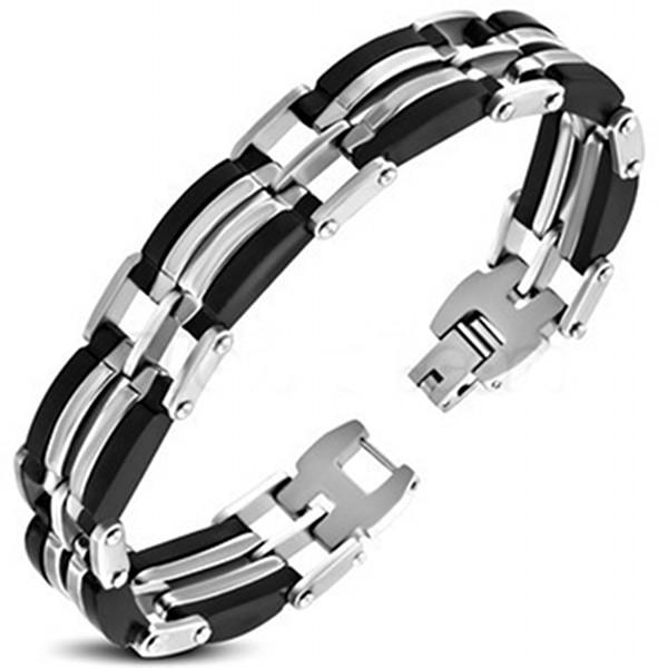 Mens Stainless Steel  & Black Geometric Link Bracelet