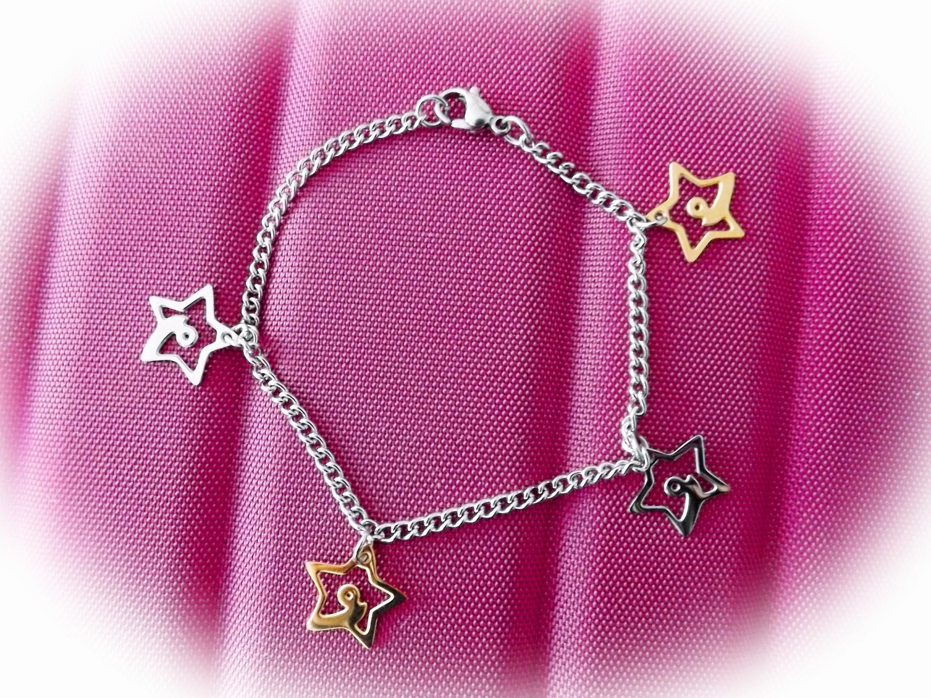 Stainless Steel 2-tone Star Comet Charm Link Chain Bracelet/ Anklet