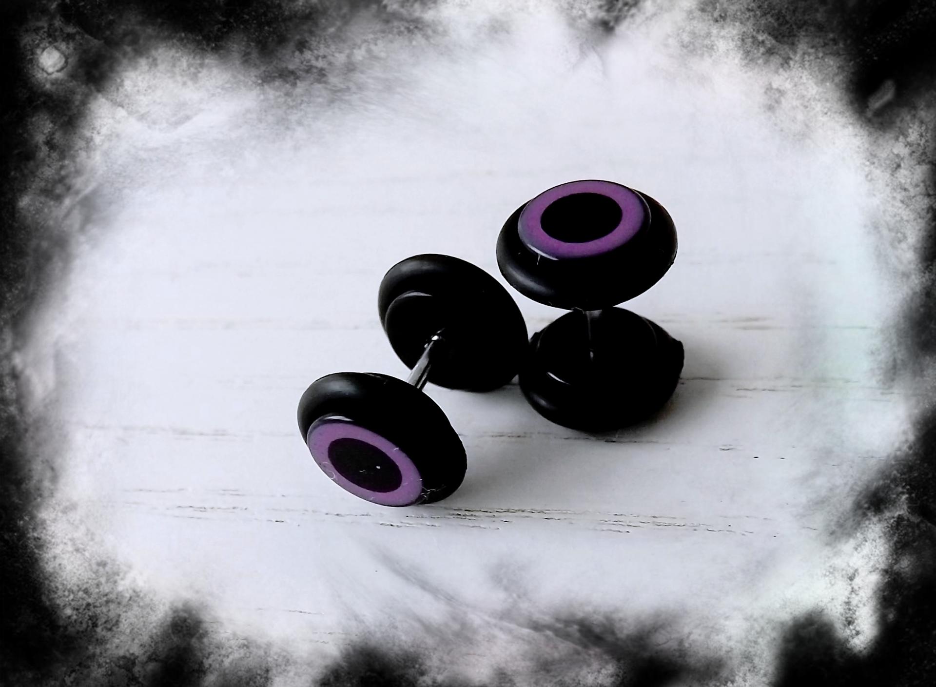 Fake Ear Plug with O Ring - Stainless Steel Black & Purple