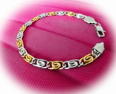 Stainless Steel 2-tone Greek Key Snail Link Chain Bracelet