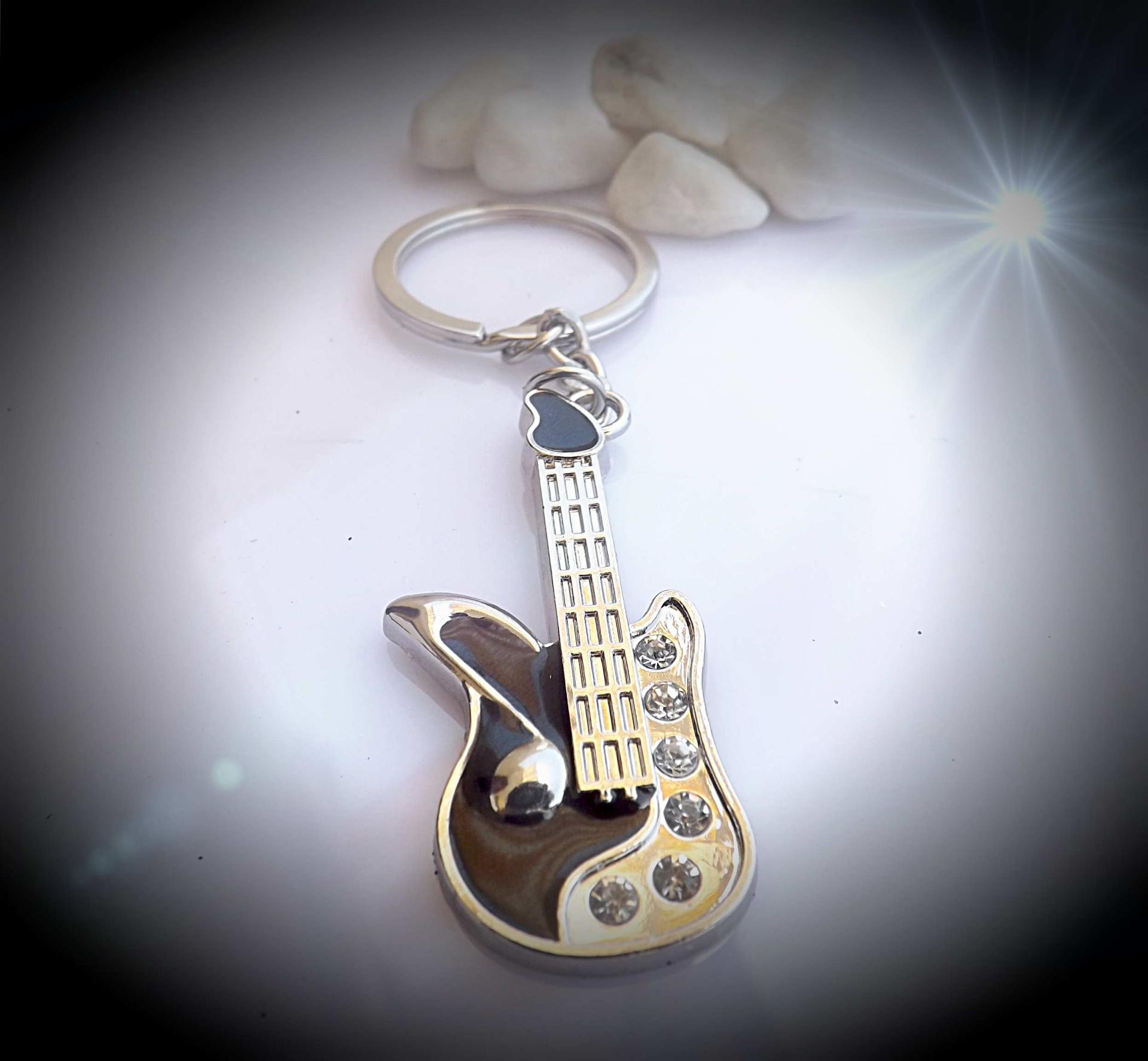 Guitar Keyring - Guitar Shaped Keychain Black with Crystal