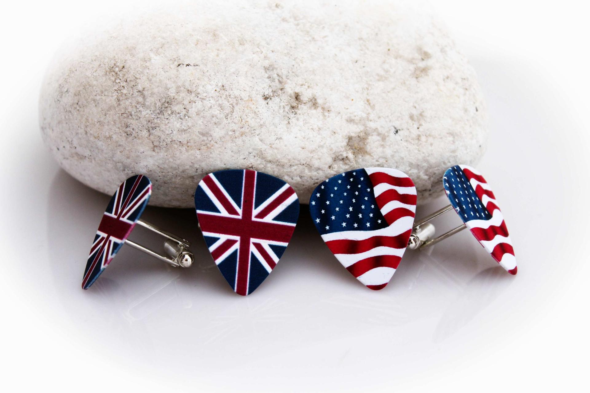 Guitar Pick Cufflinks - British Flag & American Flag - Patriotic Cufflinks