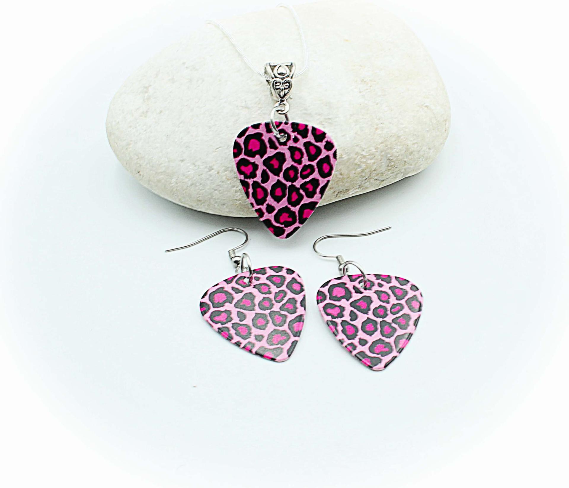 Animal Print Guitar Pick Necklace and Earrings