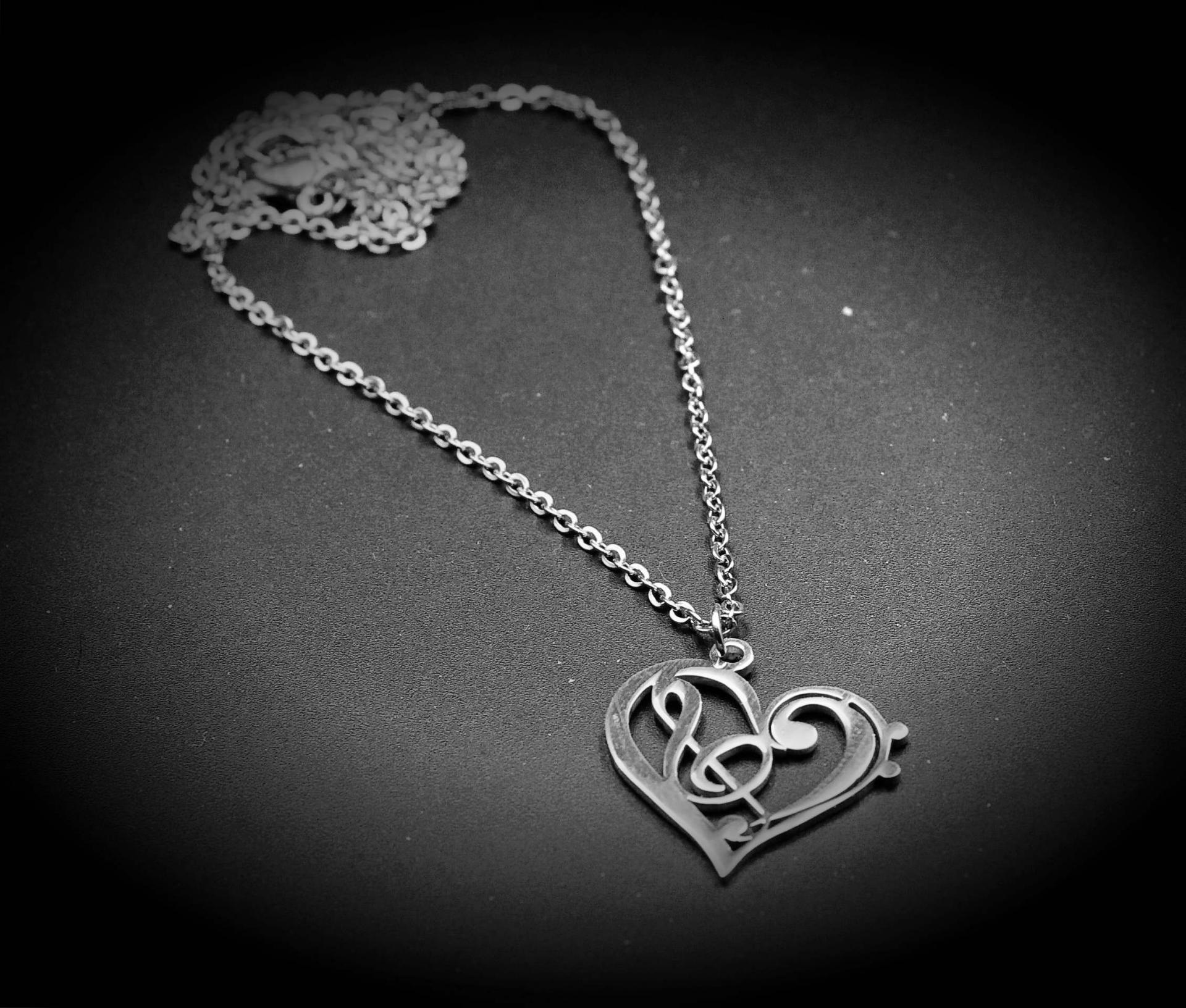 Heart Necklace with Bass and Treble Clef Fusion