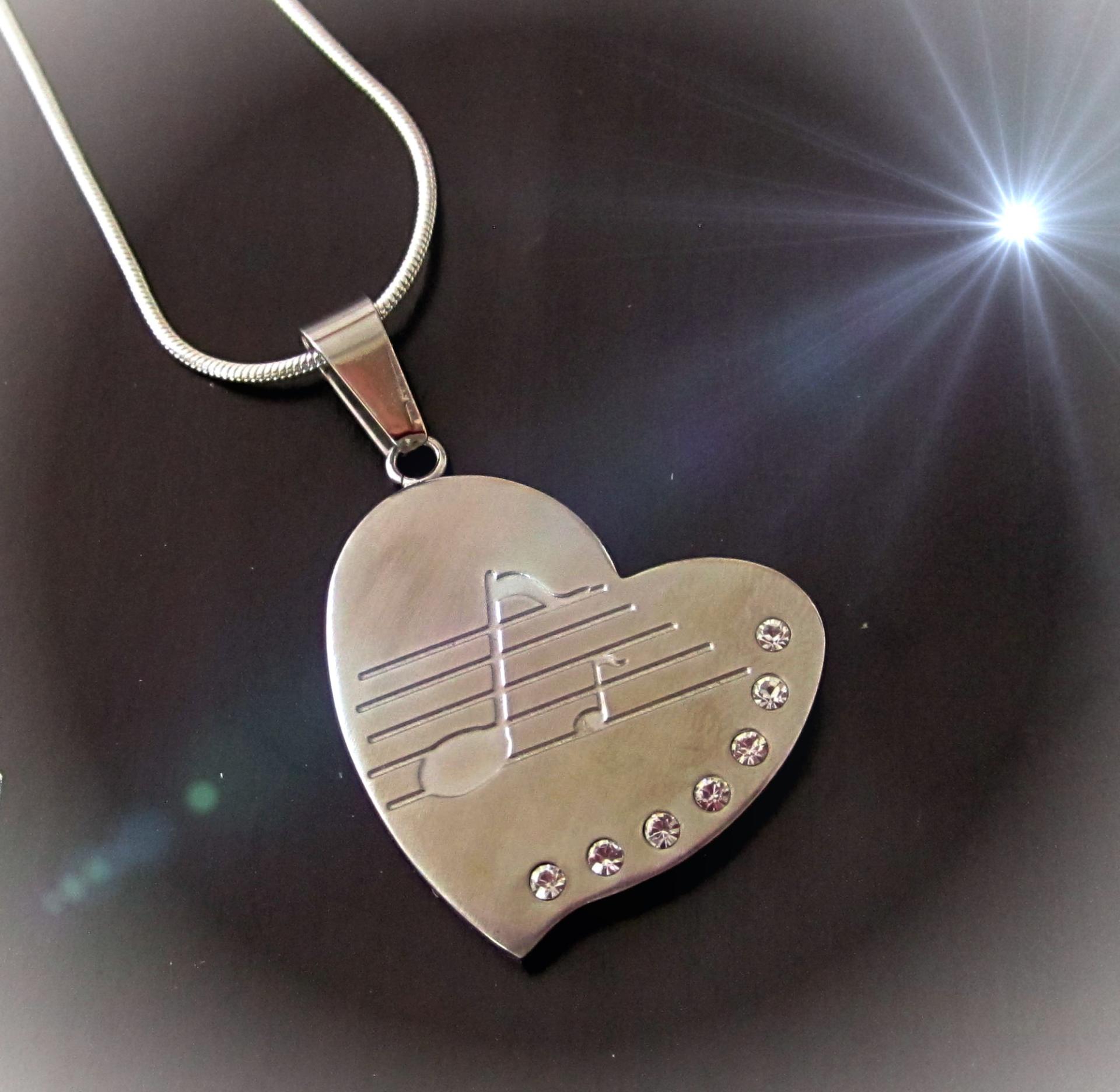 Valentines Heart Pendant in Stainless Steel with Music Note