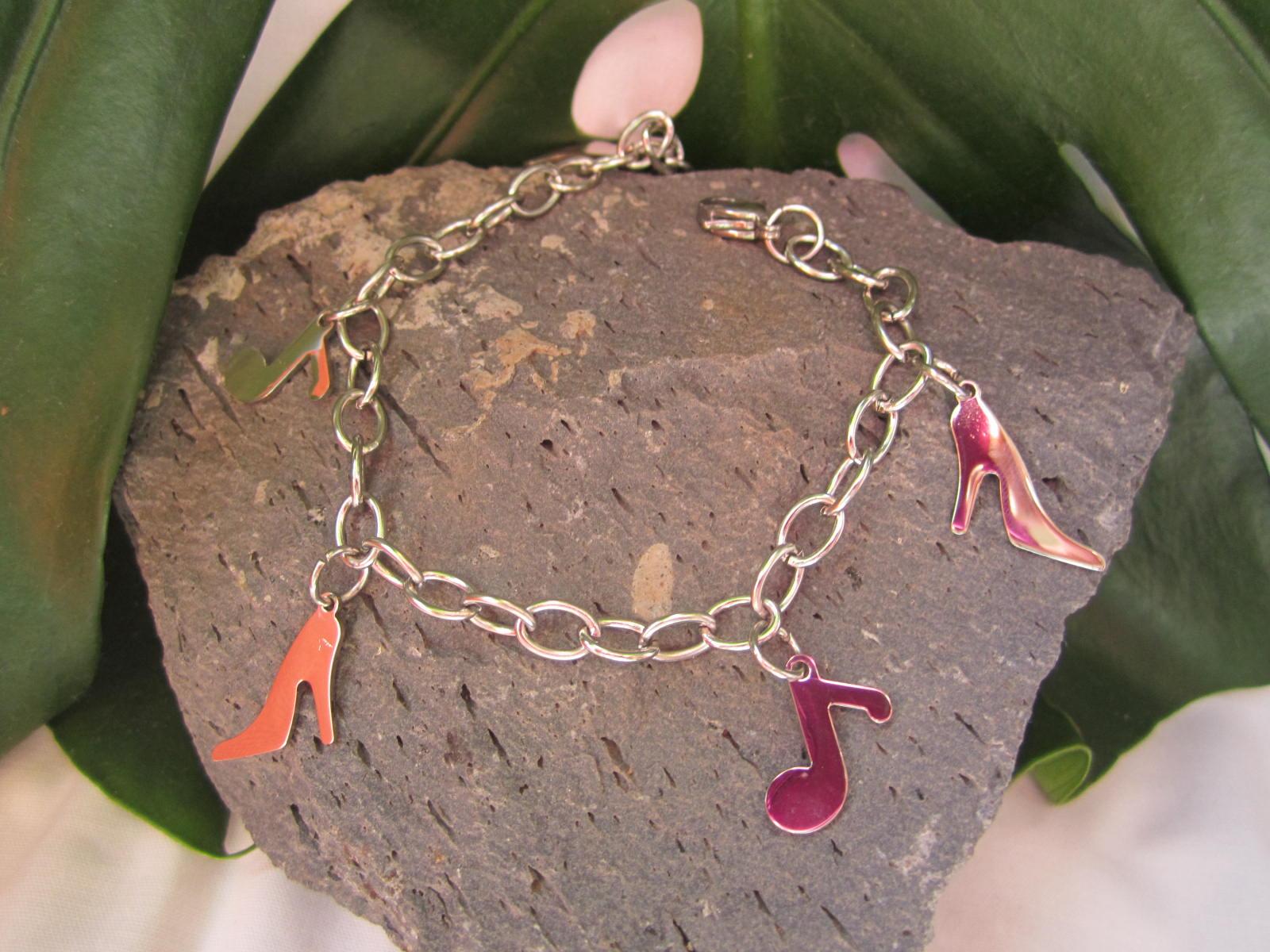 Stainless Steel Bracelet -Musical Double Bar with High Heel Shoe Charm