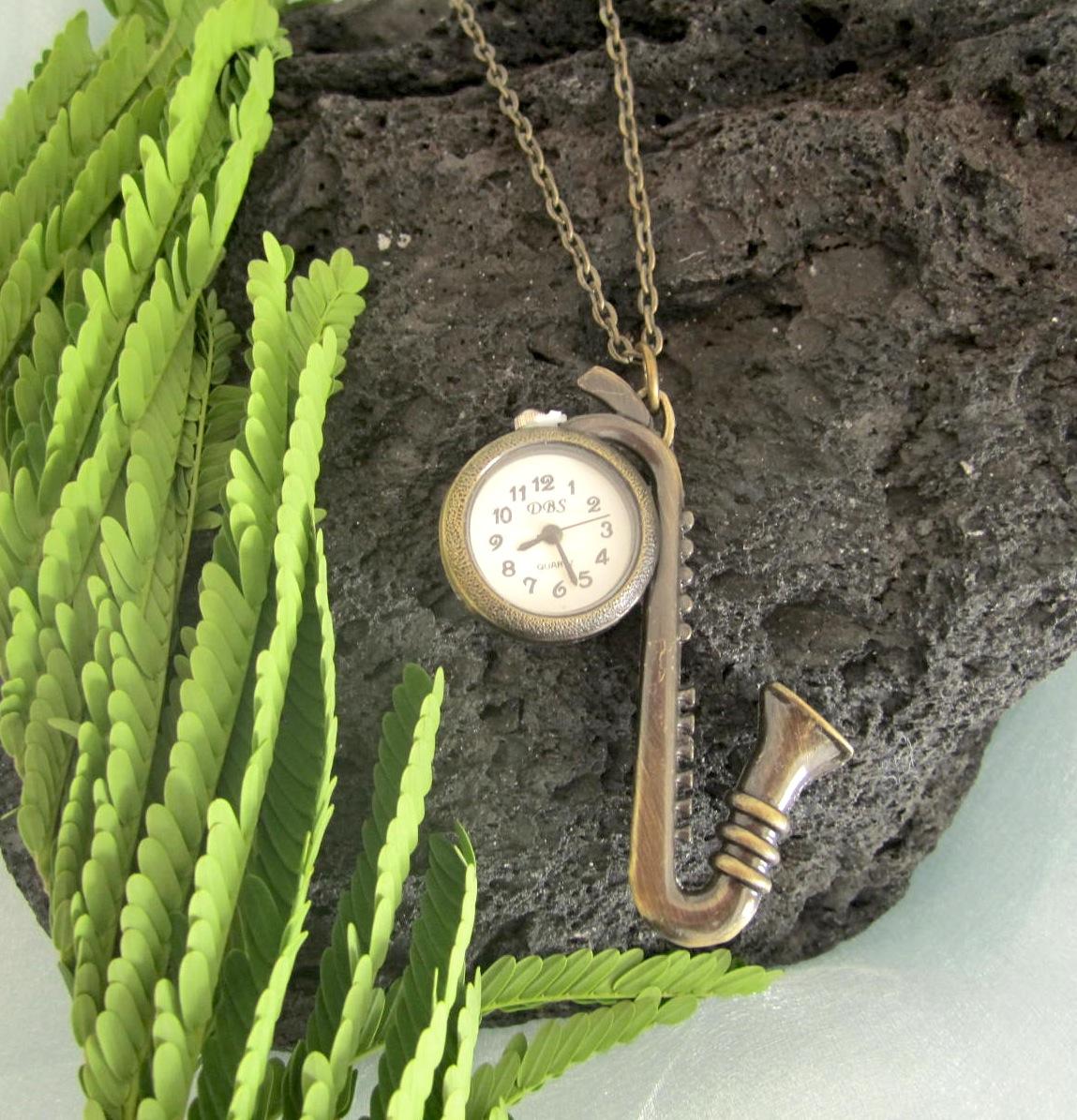 Antique Vintage Saxophone Charm Watch Necklace