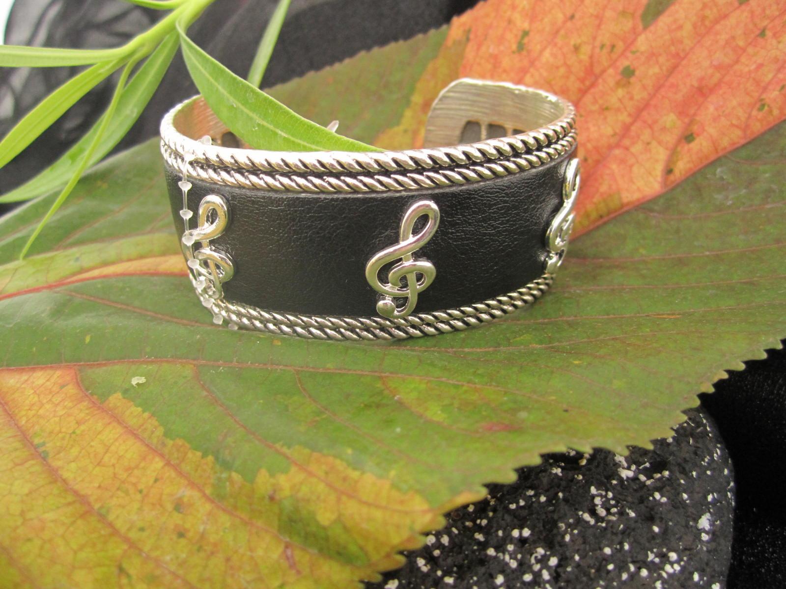 Silver and Black Leather Cuff Bangle with G Clef Design