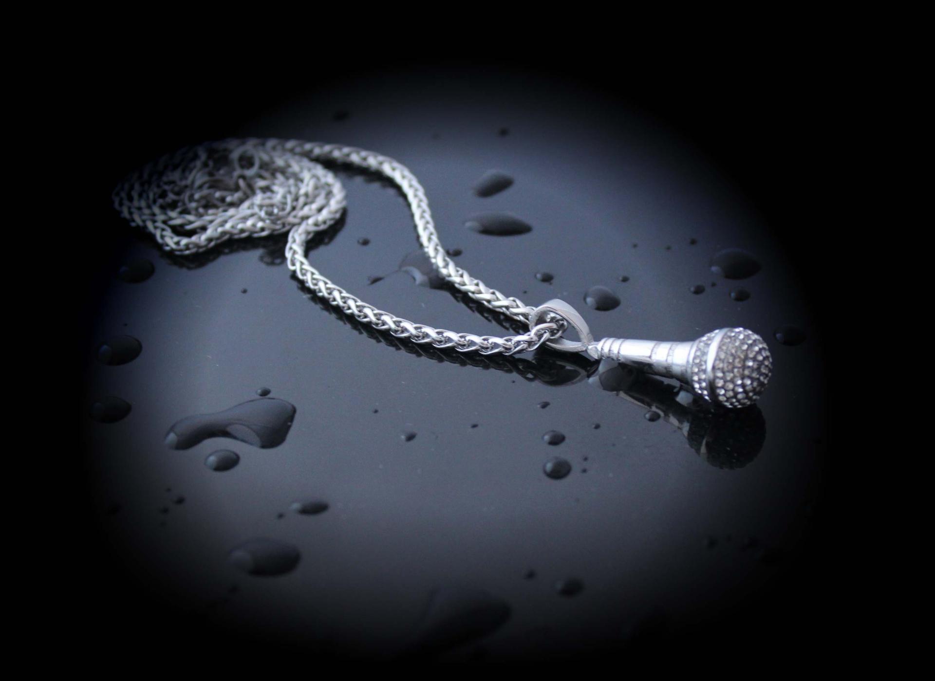 Microphone Pendant - Stainless Steel With Crystal