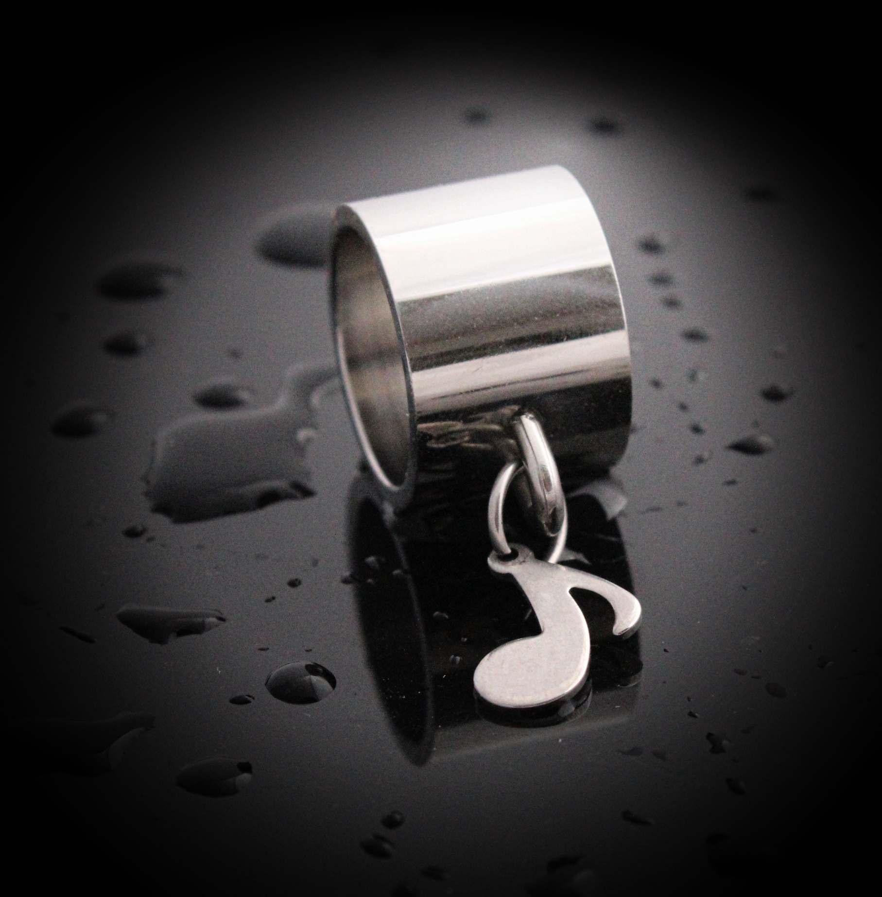 Wide Ring With Music Note Dangle Charm Stainless Steel