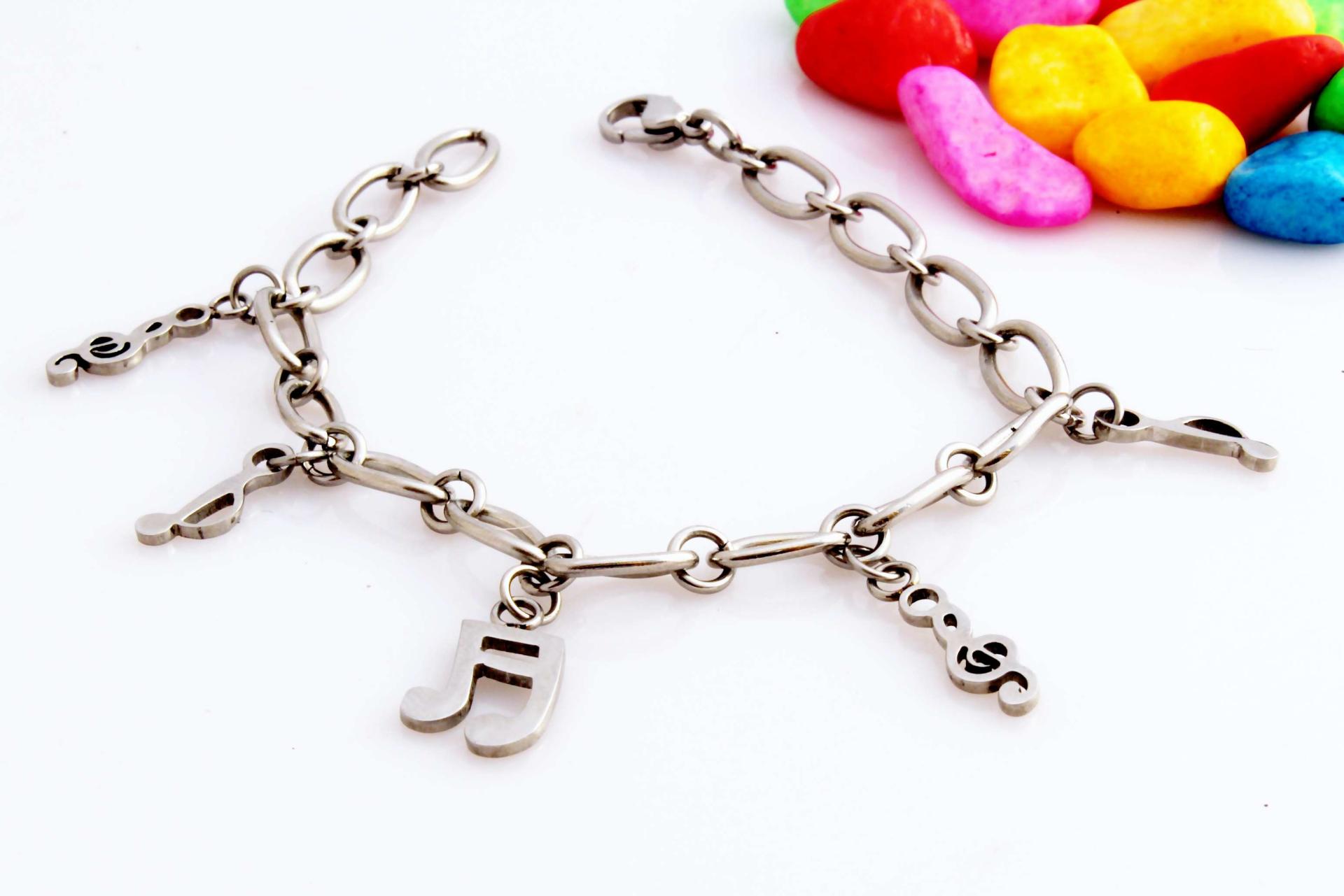 Stainless Steel Musical Double Bar Treble Clef Notes Charm Bracelet