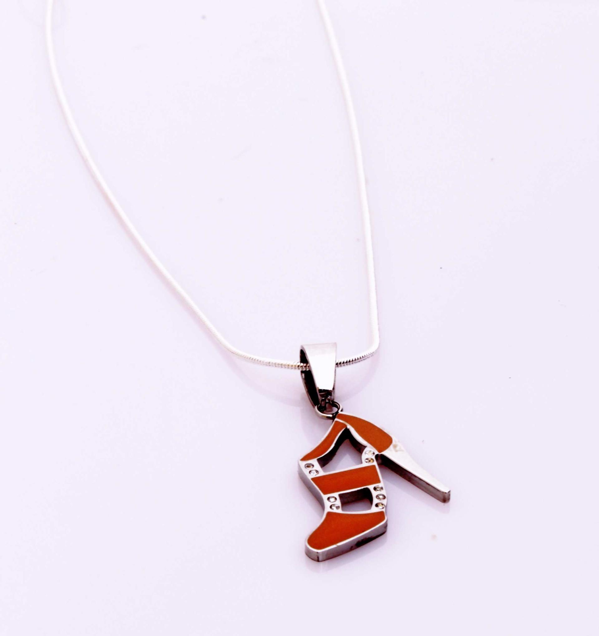 Orange High Heel Lady Shoe Pendant on snake chain