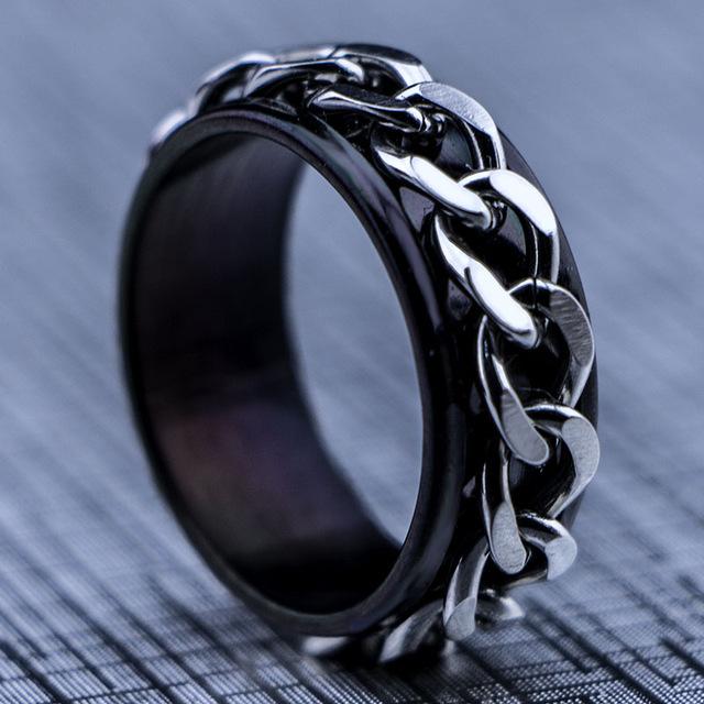 Stainless Steel Black Chain Mens Spinner Rings