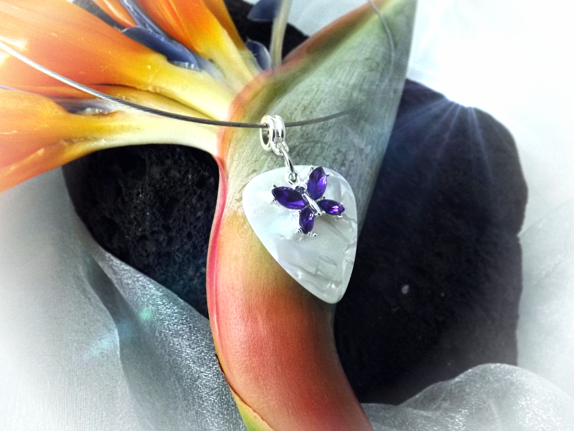 Purple Butterfly on White Guitar Pick Choker