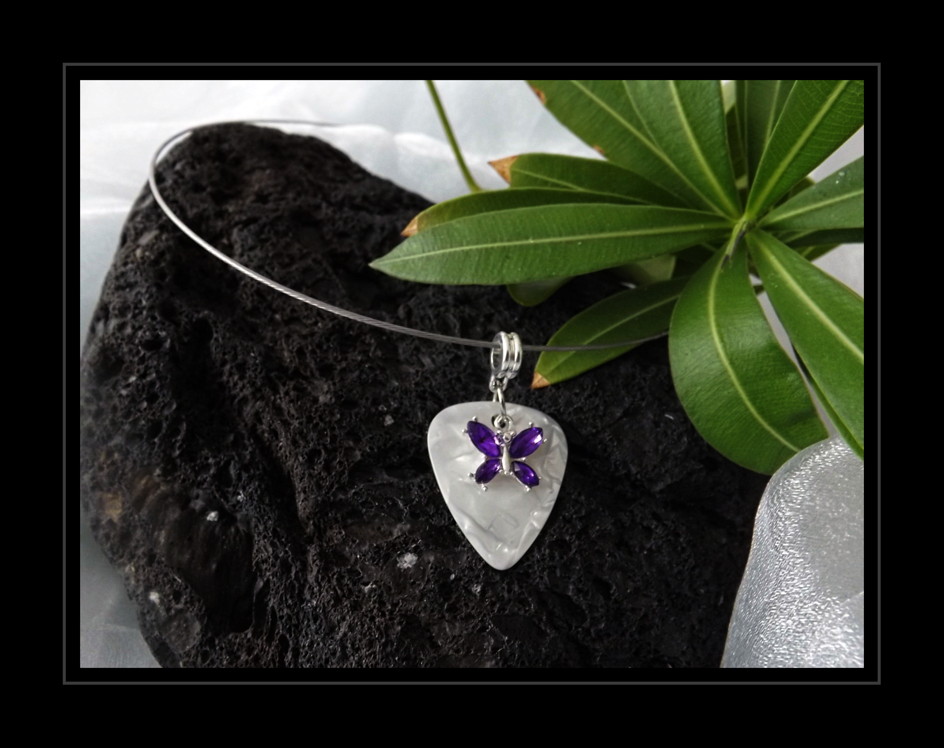 Purple Butterfly on White Guitar Pick Choker