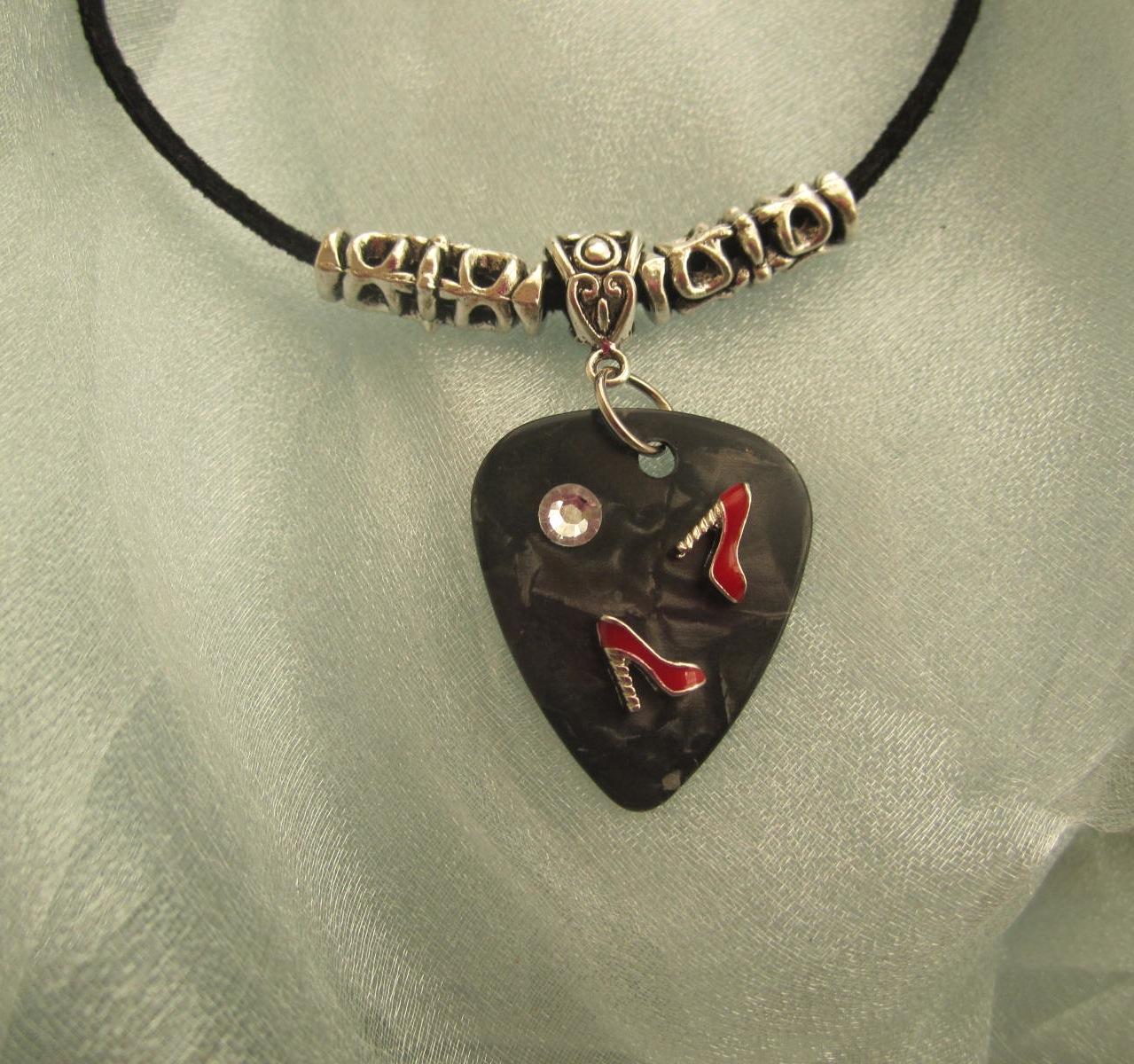 Guitar Pick Necklace Featuring Red Dancing Shoes