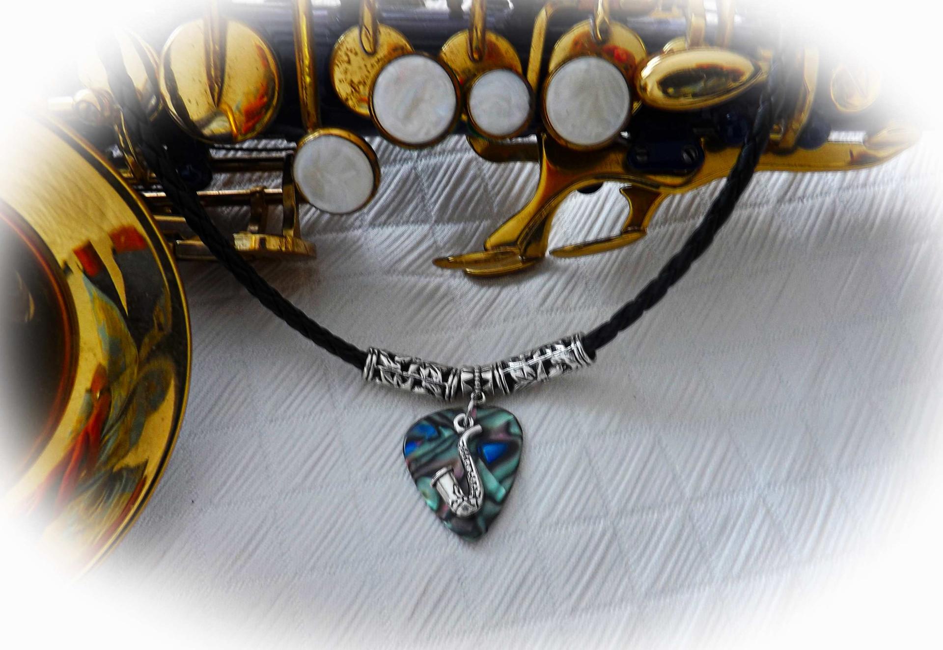 Saxophone Choker Necklace on Seashell Guitar Pick