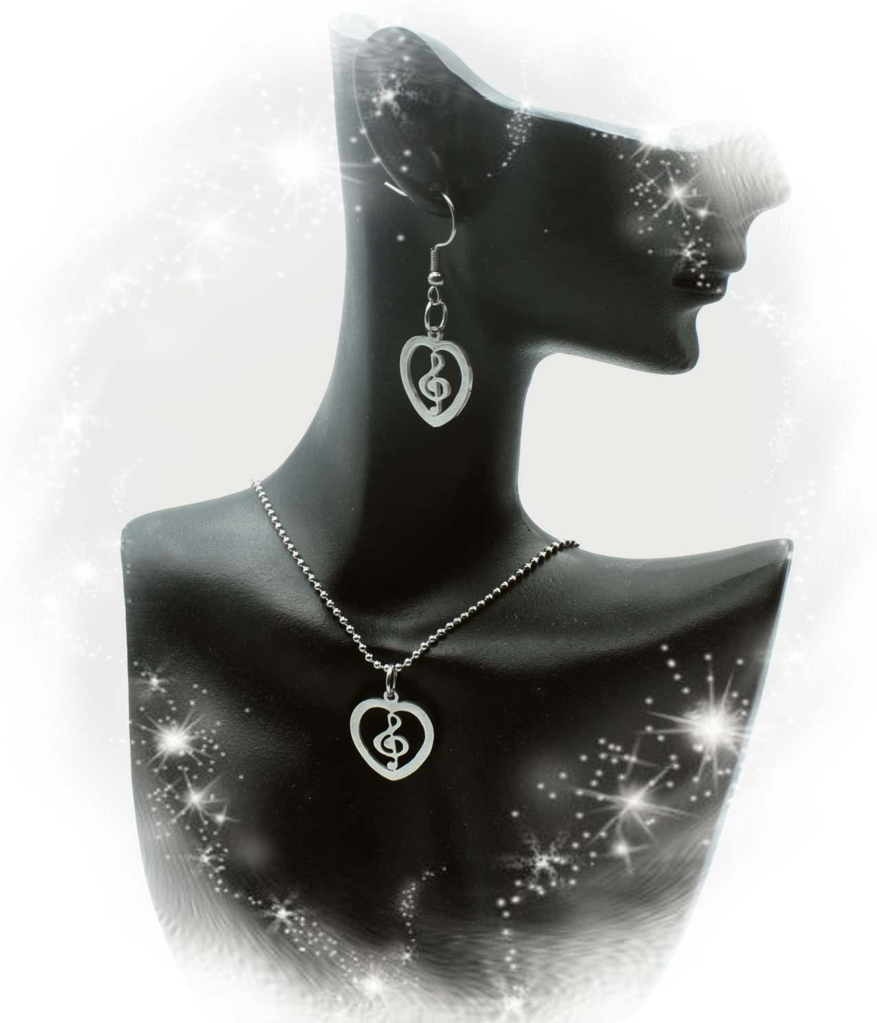 Treble Clef Heart Necklace and Earrings