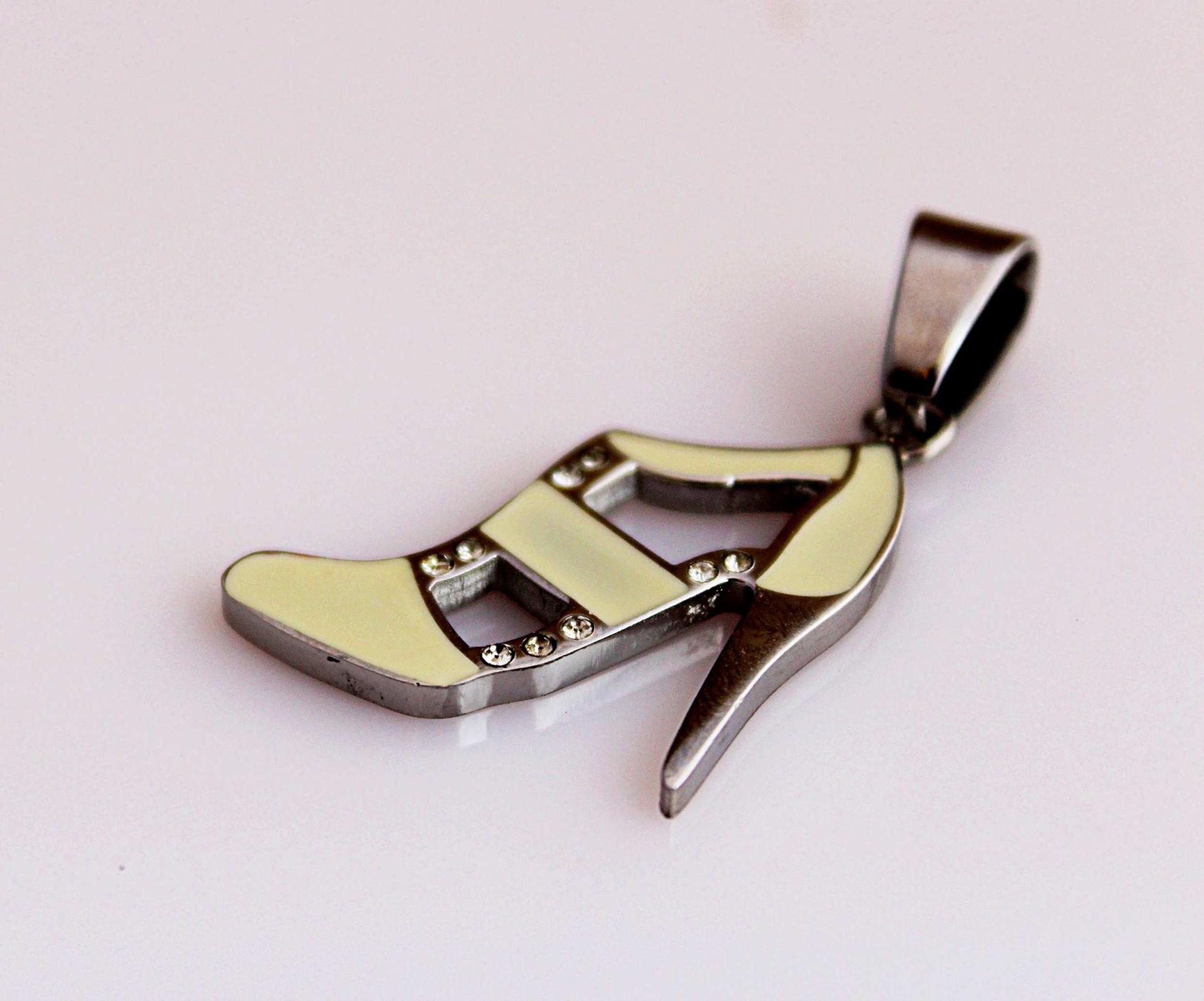 High Heel Lady Shoe Pendant White Enamel  in Stainless Steel