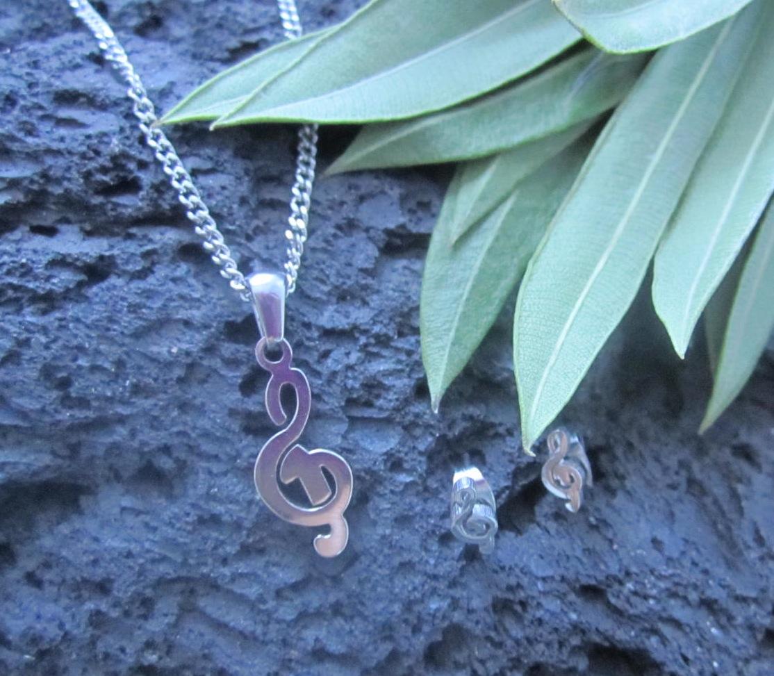 Treble Clef Note Charm Pendant & Pair of Stud Earrings