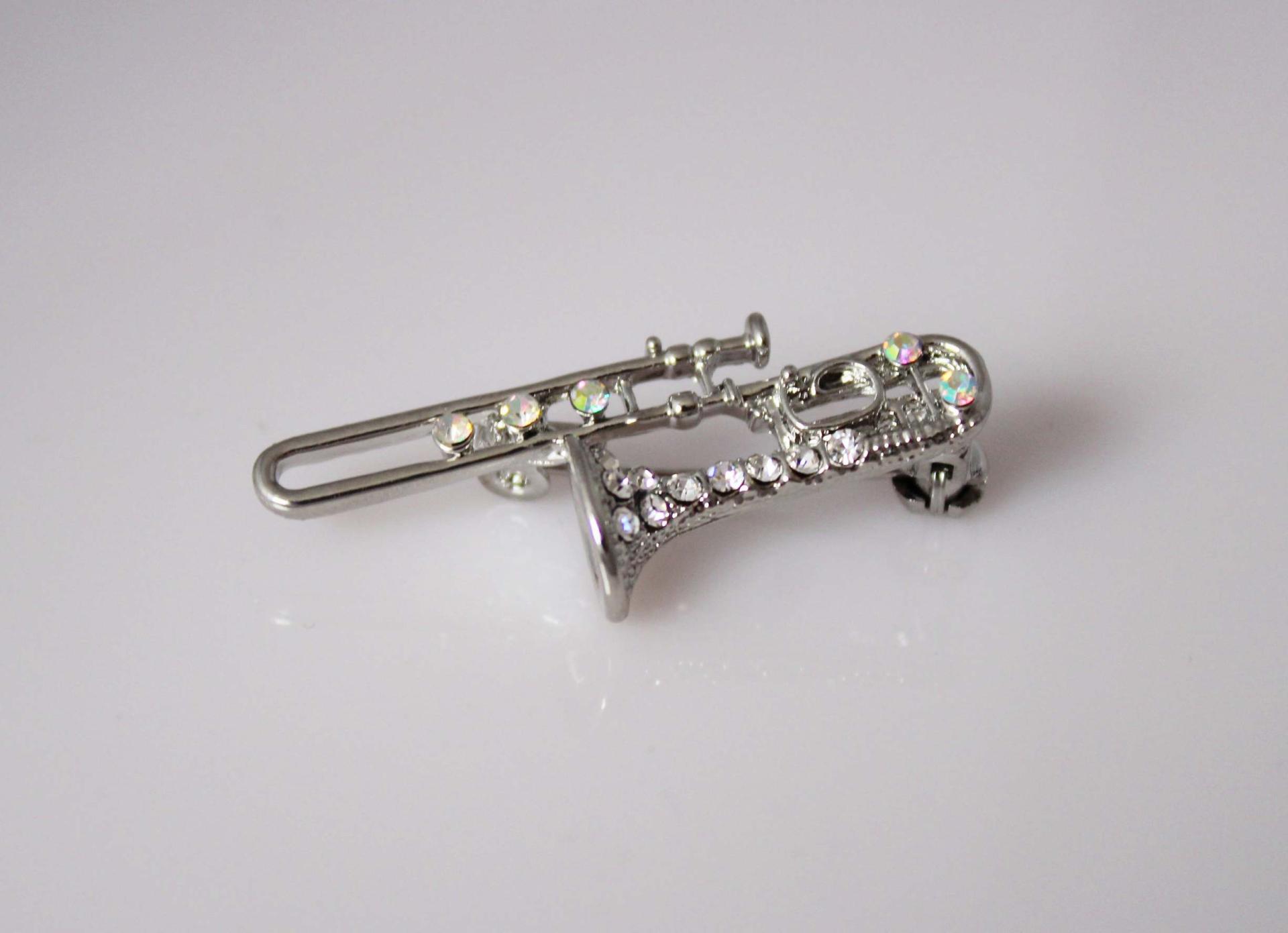 Trombone Crystal Pin Brooch