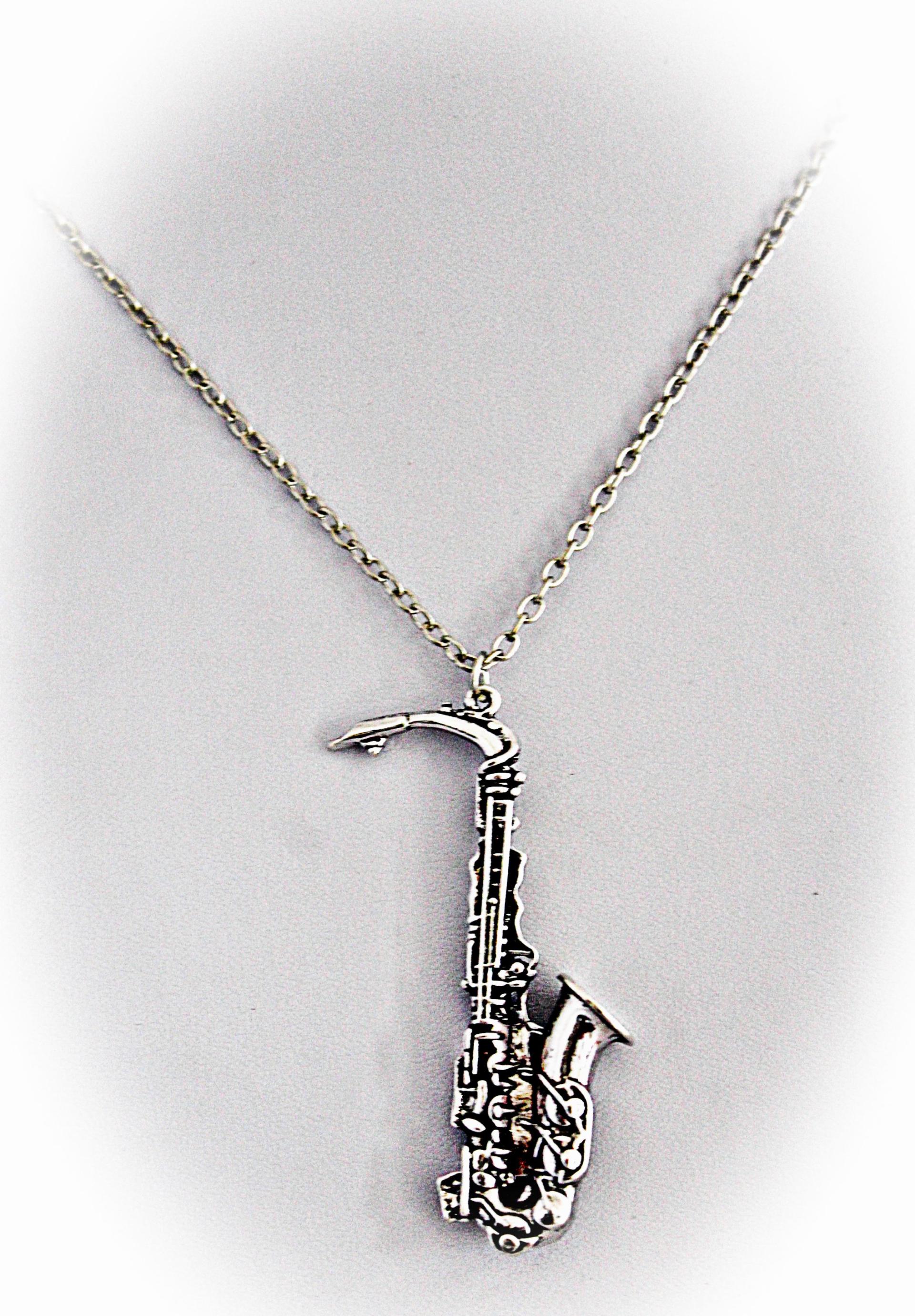 Silver Saxophone Necklace Vintage Style