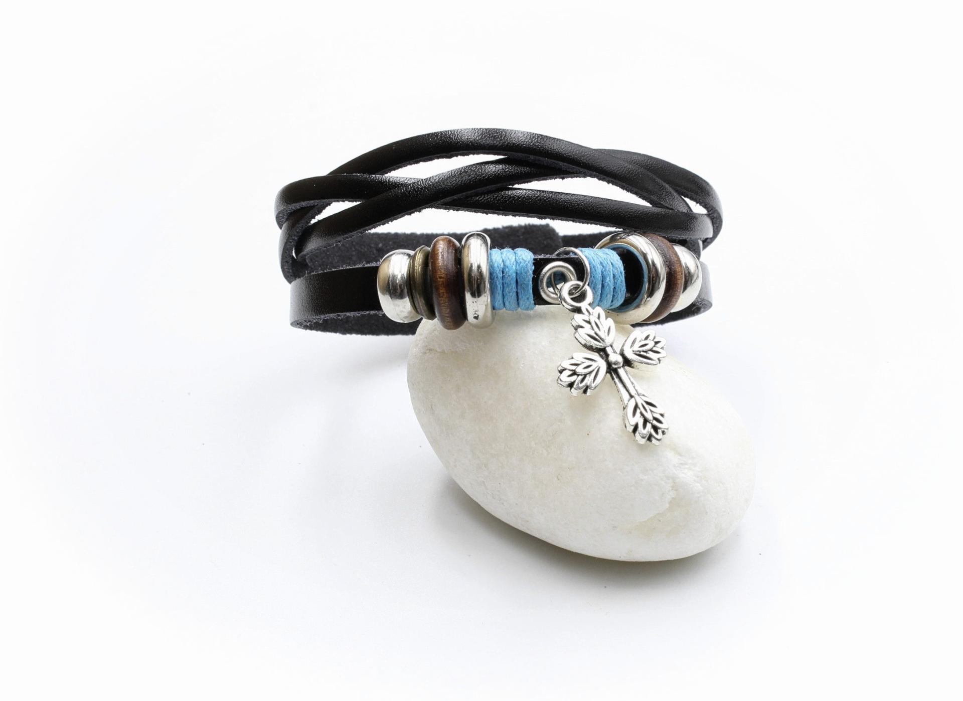 Stainless Steel and Leather Wrap Bracelet with Cross
