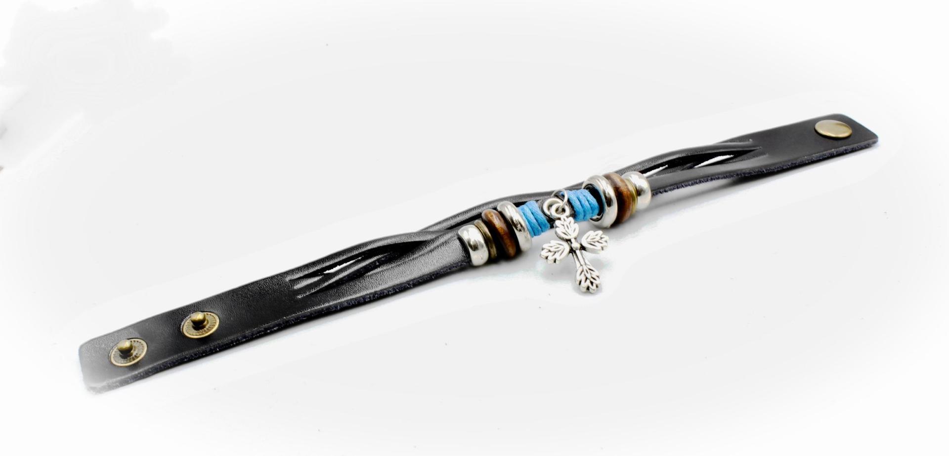 Stainless Steel and Leather Wrap Bracelet with Cross