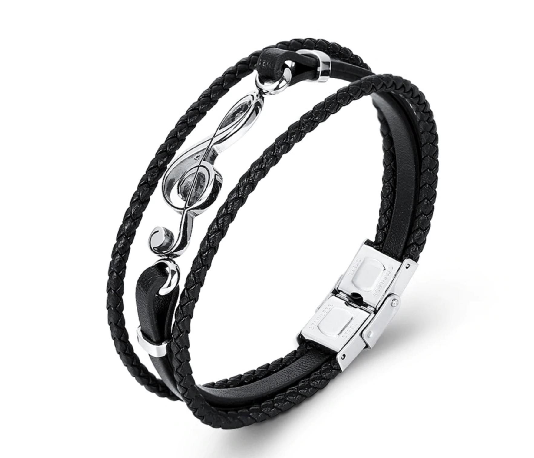 Music Treble Clef Note Bracelet - Stainless Steel and Leather