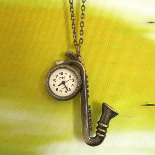 Antique Vintage Saxophone Charm Watch Necklace