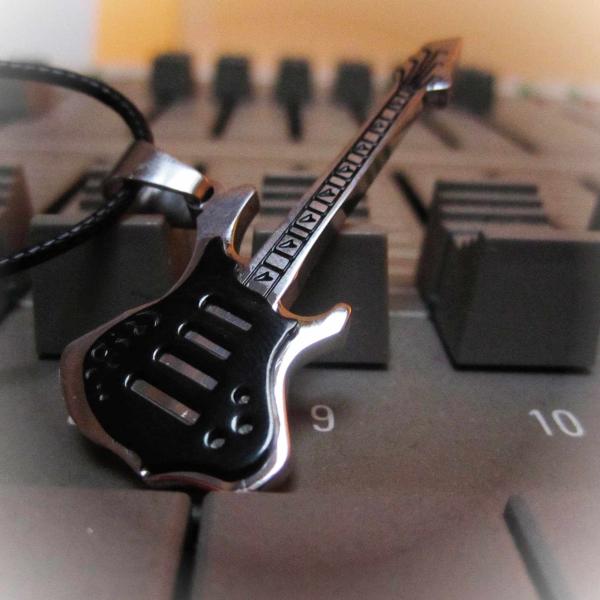 Black Guitar Pendant on thin leather cord