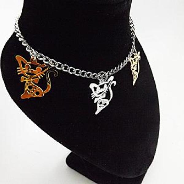 Stainless Steel 2-tone Cut-out Kitten Cat Charm Link Chain Bracelet/ Anklet