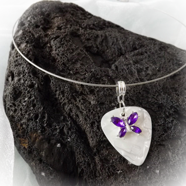 Purple Butterfly on White Guitar Pick Choker