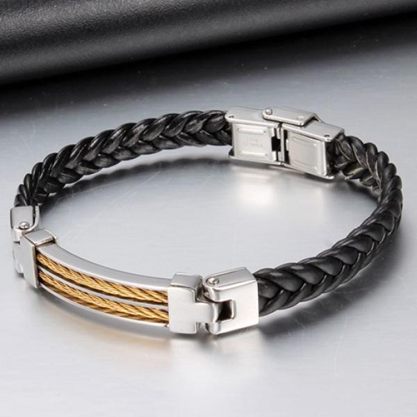 Titanium Steel & Leather Rope Design Bracelet