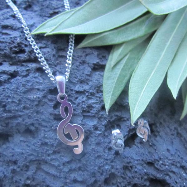 Treble Clef Note Charm Pendant & Pair of Stud Earrings