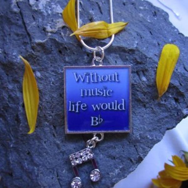 Without Music Life Would Bb - Funky Square Resin Pendant in Blue With Charm